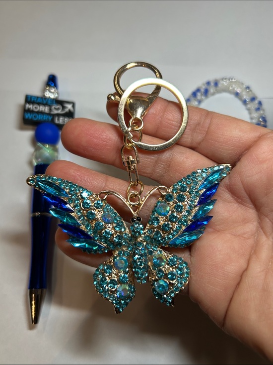 Accessories - 4 Piece Set Blue Crystal Butterfly Keychain with Accessories